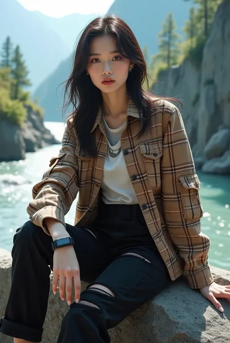 intense and hyper-realistic depiction of a beautiful Korean woman with smooth white skin and a perfectly maintained face, brown and white flannel jacket with lots of elbow pockets, black cropped trousers with lots of ripped pockets at the knees, white patt...