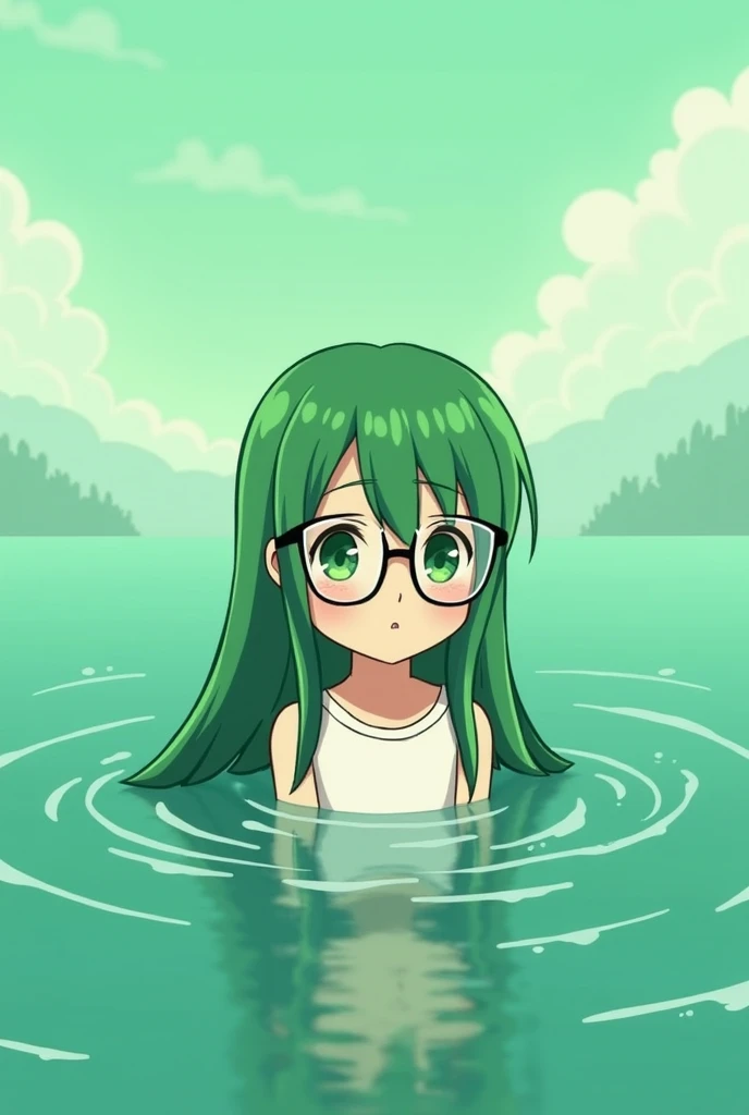  I would like to generate an image with the following characteristics,  an anime girl ,  teenager, with glasses , with long green hair that mixes with the scenery , The scenery I want to have a medium water theme , rivers; mares; etc..  and I wanted the ma...