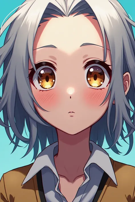  Creates an image with the style that looked like the one in My Hero Academy, a girl with deep honey eyes ,  light gray hair and a little messy 