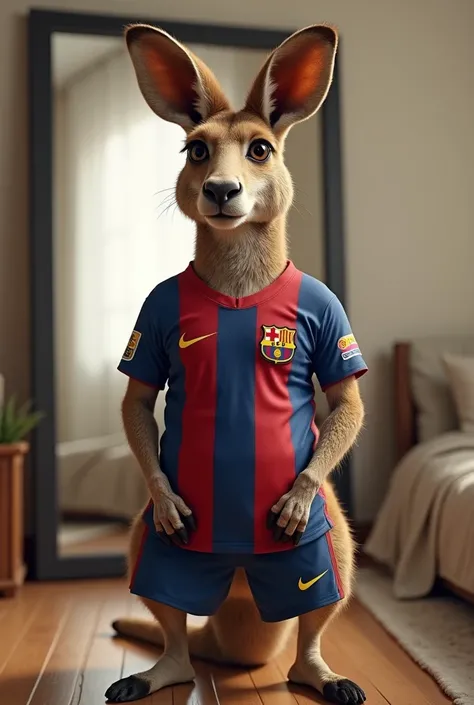 A kangaroo wearing a Barcelona shirt taking a selfie in a room in front of a mirror