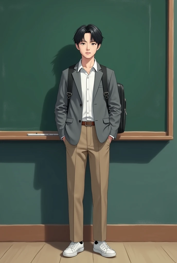 Japanese man, 20 years old, wearing a white formal shirt,( wearing a gray alma mater), wearing brown and beige formal trousers,Wearing white sports shoes,Wearing a black backpack,Straight hairstyle parted in two like Korean idols,Having very white skin,Typ...