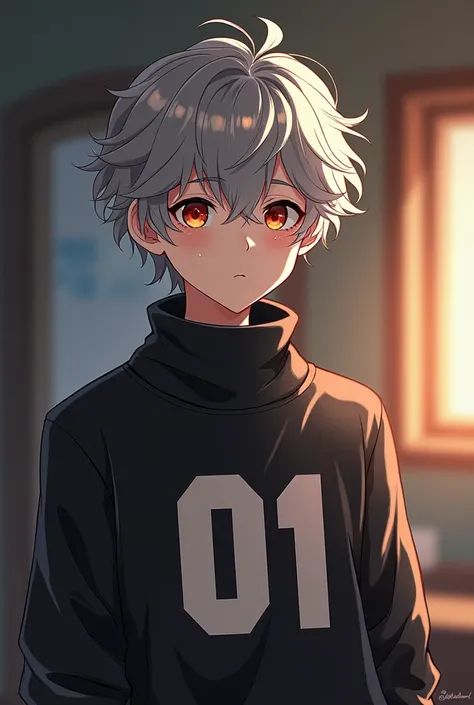  Create a 17-year-old anime boy with a scar on his cheek, curly gray hair and a sweater that says 01 