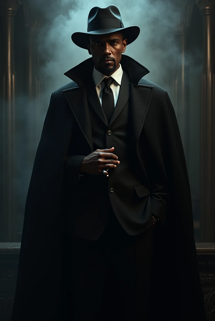 Create black man, with a goatee. wearing a suit and hat . with a black cape.  Holding a cigar in his hand  