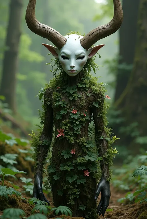  a creature from the humanoid forest with a white mask and several wooden horns facing backwards, a layer of plants 