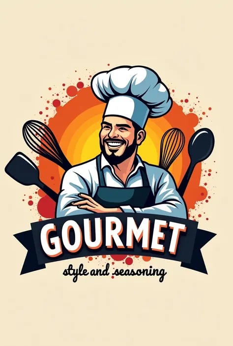  Create a logo with a chefs hat and kitchen utensils .  With bright colors and a design that integrates the modern and the traditional. It includes the following text: Gourmet Style and Seasoning. The writing is Spanish.