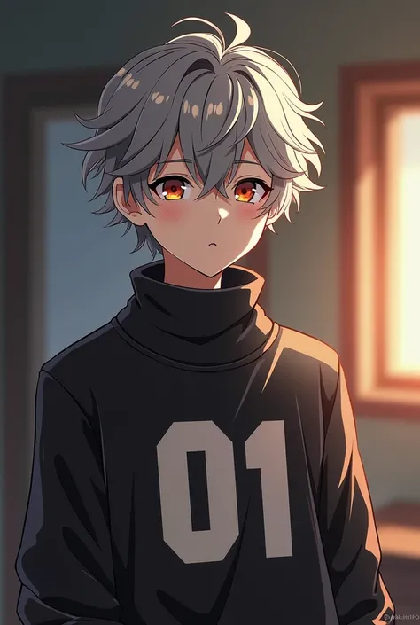  Create a 17-year-old anime boy with a scar on his cheek, curly gray hair and a sweater that says 01 