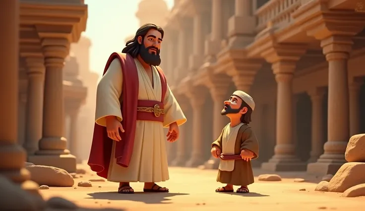 Jesus Christ,(((adult man))), (((biblical characteristic))), meets Zacchaeus (Man of short stature, biblical characteristic))), 3d cartoon style, disney pixar style,