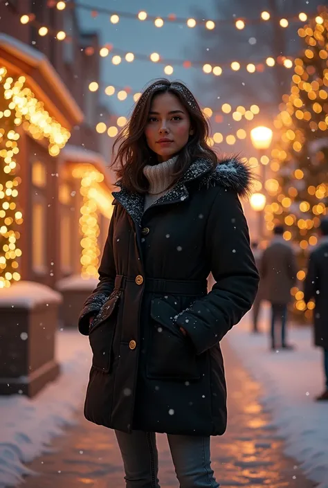 An elegant 40-year-old woman of full build and short stature with shoulder-length dark hair, warmly dressed in a black winter jacket and gray jeans, stands on the street in a magical New Years Eve atmosphere. She is surrounded by glowing garlands, a Christ...