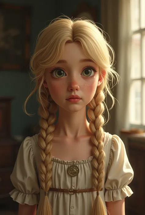  a 15-year-old girl with very light blond hair , pale skin, slim, You have a problem with your leg ,  lived in 19th century England and is a peasant, that it is an animated image,  who looks more like an adolescent , and not like a girl 