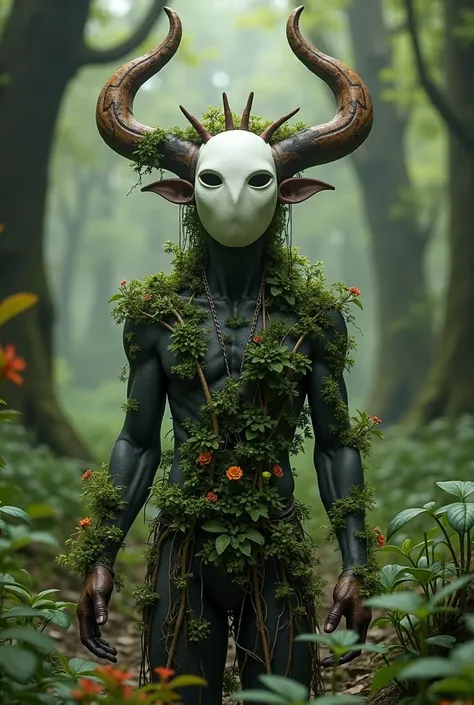  a creature from the humanoid forest with a white mask and several wooden horns facing backwards, a layer of plants 