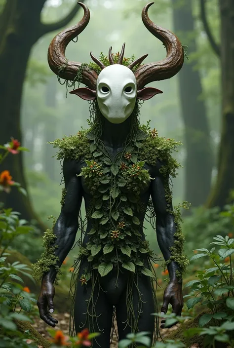  a creature from the humanoid forest with a white mask and several wooden horns facing backwards, a layer of plants 