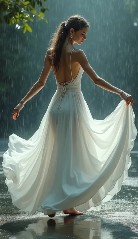 woman in a white dress dancing in the rain, realistic conceptual artwork, dancing gracefully, ballerina, long dress, dress skirt in evidence, dress movement in evidence,