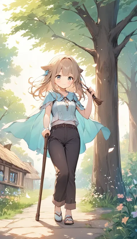    bright lines and soft colors create a dreamy effect., A fleeting impression.., one woman、 Old Tree House     、Girl with an old wooden cane    、 holding an old wooden cane 、cute、   Fantasy  、   Fantasy   皮の鎧、Villager、  sexy、((poor))、 Cute clothes 、With e...