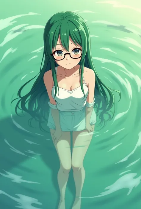  I would like to generate an image with the following characteristics,  an anime girl ,  teenager, with glasses , with long green hair that mixes with the scenery , The scenery I want to have a medium water theme , rivers; mares; etc..  and I wanted the ma...