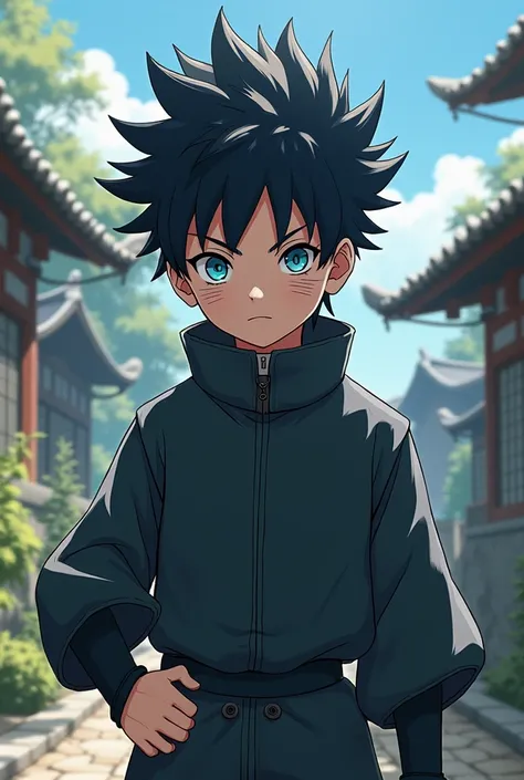 Make a  who looks like Naruto but with black hair, les yeux bleu avec seulement  des moustache de renard 