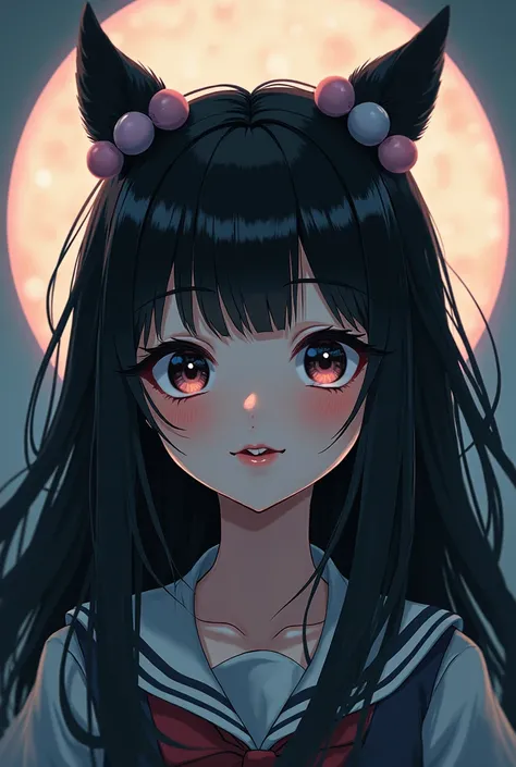 black hair, hair bobbles, wince, longeyelashes, solid circle eyes, fake animal ears, light smile, ear blush, fang, ccurate, Surrealism, drop shadow, anaglyph, stereogram, tachi-e, pov, atmospheric perspective, 8k, super detail, best quality