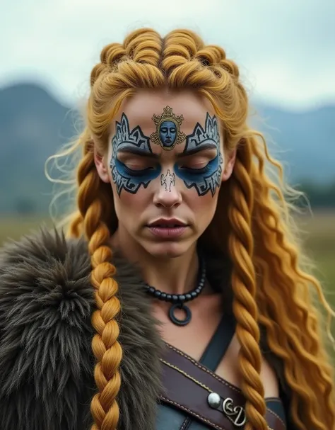 An image of a Viking warrior woman facing close up with her face painted around her eyes and painting of a Viking woman on her face as well as a Viking warrior in Viking warrior clothing and camouflage. Valkyrie warrior woman on the battlefield of Ragnarok...