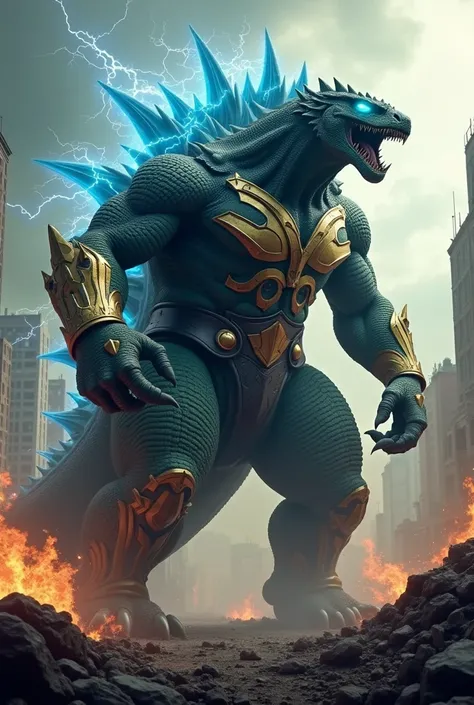 "Visualize a colossal, fearsome hybrid creature that merges the thunderous might of Thor with the immense power of Godzilla. This monstrous being towers over its surroundings in a devastated, burned cityscape, featuring a massive, muscular body covered in ...