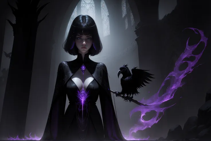 she has short hair, flowing raven-black hair (bangs) and pale, almost ethereal skin. Her eyes are a deep violet, giving her an otherworldly appearance. She dresses in flowing robes of dark purple and black, often adorned with symbols of the occult.