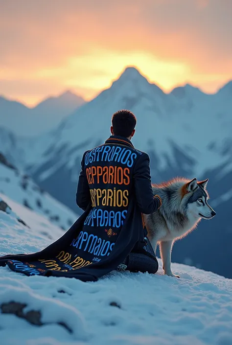  a man with his back kneeling in the snow on a snow mountain at dusk with a blue-eyed wolf on one side. wearing several elegant suits with the word LOS TEMERARIOS in blue , orange and yellow