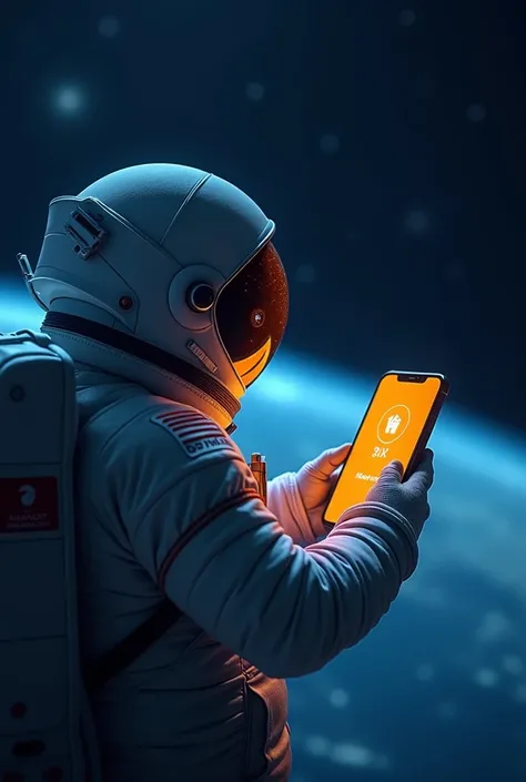 An astronaut using a cell phone in a space environment, making a payment via PIX. The scene is seen from behind the astronaut, as if the observer were looking at the screen of the cell phone that the astronaut is holding. The astronaut is facing away, with...