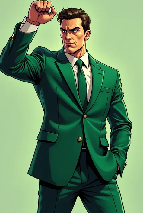 Man in a green suit , Arm up making a sign that you know something,(best lighting )( serious cartoon effect )