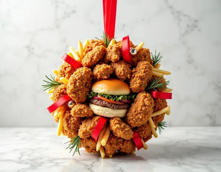  Create a Christmas curtain made entirely of fried chicken pieces . The wrap should have a spherical shape ,  with a strip to be placed on a tree, it must be decorated with festive details such as red ribbons,  rosemary leaves and small gold or silver Chri...