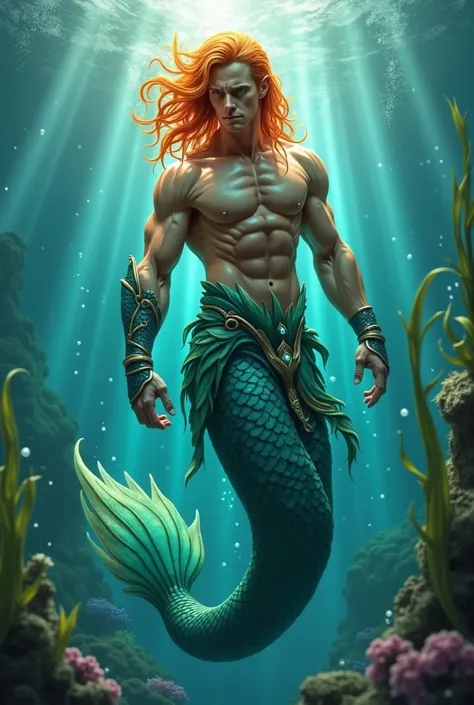 Foto realistis
An enchanting merman fantasy character with a muscular upper body and a vibrant green and blue tail, flowing gingger red hair glowing under the ocean’s light. His piercing gaze is confident, and his torso is adorned with coral-like armor and...