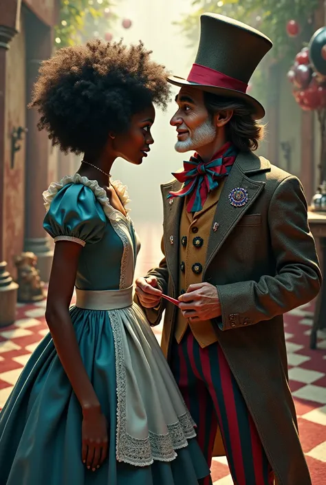 Make an image based on the work  "alice in wonderland".  I want Alice with her back to the hatter pulling her tie the hatter has her back to Alice. Do Alice with African and black-skinned features and so does the Hatter.