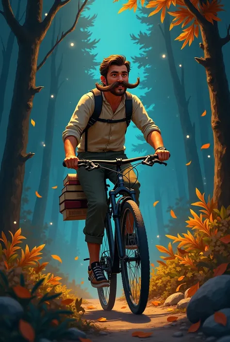 Drawing of a mustachioed velotafeur on a mountain bike full of math books at night in the forest in autumn 