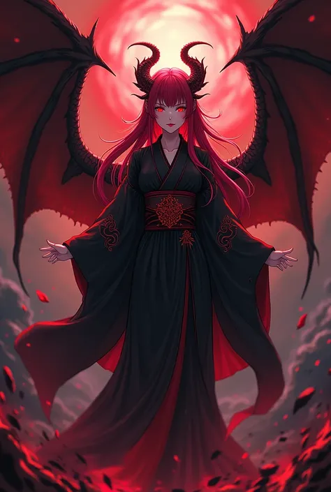  An evil anime goddess ,  red hair ,  red eyes , black and red kimono ,  black and red dragon wings