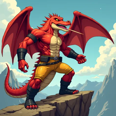  A huge red muscular winged crocodile furry jock with yellow glowing eyes without pupils in black metal bracelets, wearing black boots , in yellow jeans, he shoots a laser beam from his mouth while standing on the top of a cliff against the backdrop of mou...