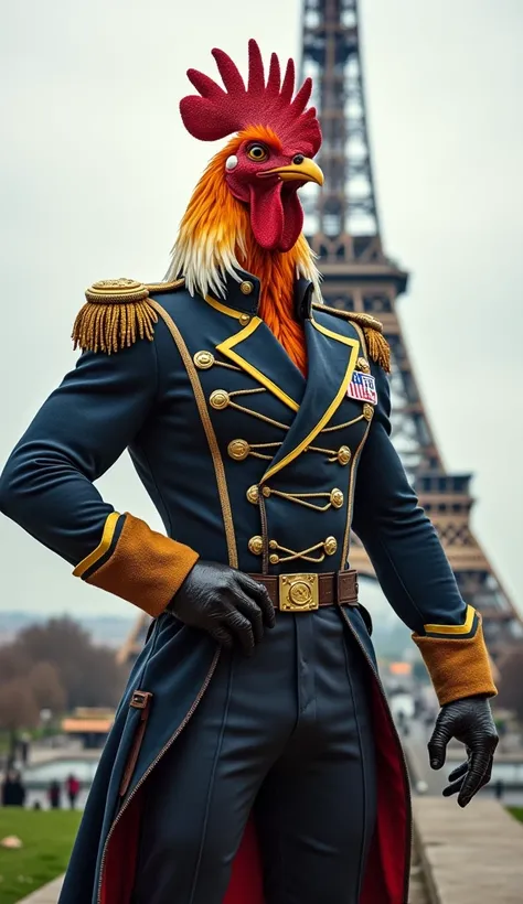 " An anthropomorphic rooster with a muscular body and crisp features.  He has bright, colorful feathers on his neck , strong arms and sharp claws .  He wears a military jacket with French insignias ,  in a confident pose in front of the Eiffel Tower 