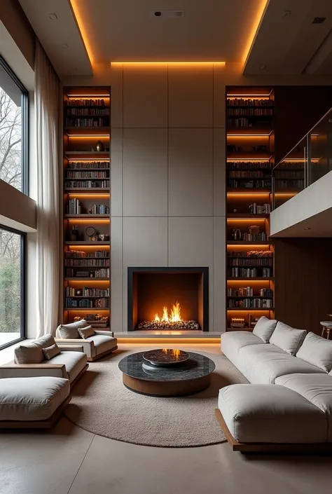 A library room and a fireplace but a modern, luxury one