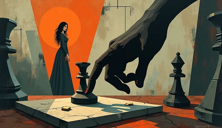 a hand , a chess piece and a woman in the background of the standing image, cubism style, Surreal environment