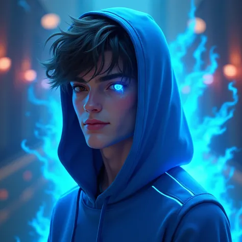 Digital art, a 20-year-old male avatar designed as a gaming profile picture, avatar digital anime draw 2.5d, close-up portrait, semi-profile view, looking at the camera with a slight smile. He wears a vibrant electric blue hoodie with the hood up, has medi...