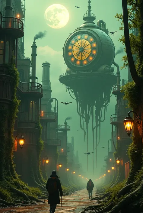 detailed, 4K,  An imposing and dark city that combines steampunk and biopunk elements . Metal towers with giant slow-spinning gears blend with trees and bioluminescent moss,  that grow over the rusted metal surfaces . IN THE SKY,  bulky airships fly over ,...