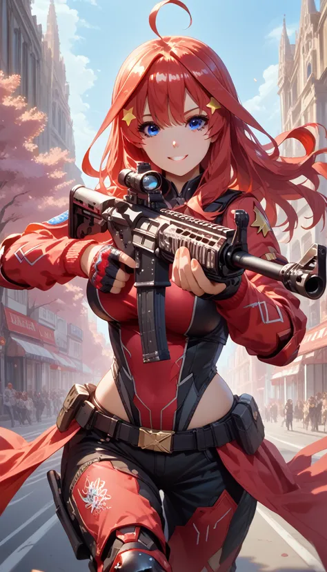 ultra-detailed, 1girl, itsuki nakano, ((masterpiece)), (best quality), (highres), 16K, perfect face, bangs, blue eyes, hair between eyes, ahoge, red hair, star (symbol), hair ornament, star hair ornament, wearing tactical clothes, black thong, knee pads, b...