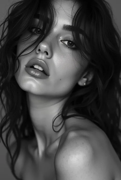 Black and white image,colorpop Neon lipstick,,Hailee steinfeld,Focus on dry lips,Lip bite ,Hair over face,Wavy light black hair with pink streaks,bare neck,(Focus on_breasts),Raining,Piercing eyes,Tilted head, pale skin,Photorealistic,Black eye makeup,frec...