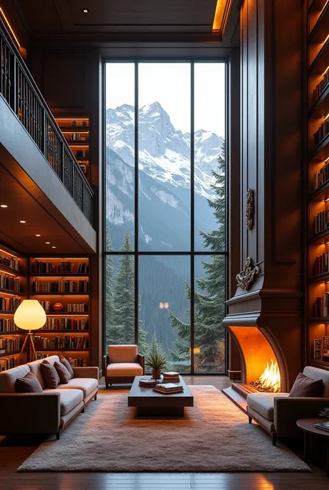 A library room and a fireplace but a modern, luxury one with a lot of books, and window in the back what looks on the mountains