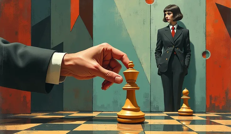 a hand , a chess piece and a woman in the background of the standing image, cubism style, Surreal environment