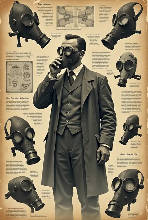 A poster about the origin of the gas mask 
 
With texts explaining 
