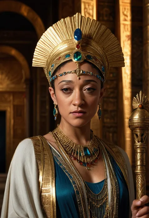 realistic portrait of Ruth Negga as an egyptian queen, holding a jeweled staff, standing in a richly detailed royal palace interior, intricate architectural details, ornate throne, dramatic lighting, volumetric rays of light, volumetric lighting, dramatic ...