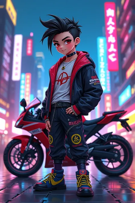 masterpiece, best quality, 1 cyberpunk boy, full body shot, standing in front of motorcycle, looking at viewer, Confident cyberpunk boy with sassy expression, Harajuku-inspired pop outfit, bold colors and patterns, eye-catching accessories, trendy and inno...