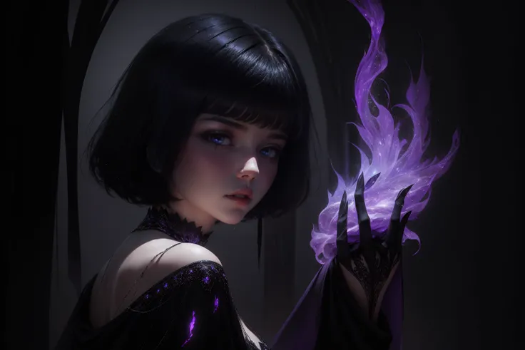 she has short hair, flowing raven-black hair (bangs) and pale, almost ethereal skin. Her eyes are a deep violet, giving her an otherworldly appearance. She dresses in flowing robes of dark purple and black, often adorned with symbols of the occult, backwar...