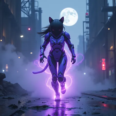 A girl in a heavily armored robotic cyber suit run inside the neon ghost of a transparent violet cyber cat across an industrial industrial landscape at high speed under the moonlight. Mystical fog surround. Dark ambient and horror 