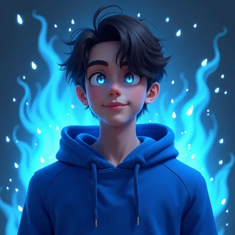 Digital art, a 20-year-old male avatar designed as a gaming profile picture, avatar anime draw 2.5d, genshin impact style, close-up portrait, semi-profile view, looking at the camera with a slight smile. He wears a vibrant electric blue hoodie with the hoo...