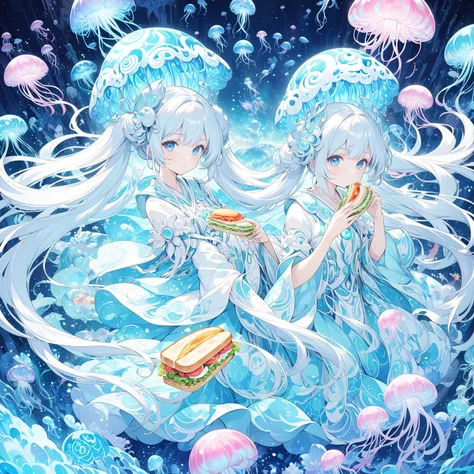  Light Blue Long Hair 、 girl with twin tails , Fluorescent jellyfish、 Jellyfish Shrine Maiden,  Anime Fantasy Illustrations ,    beautiful artwork illustrations ,  Beautiful fantasy anime , Magical Deep Sea , Jellyfish God , Beautiful anime artwork,  fanta...