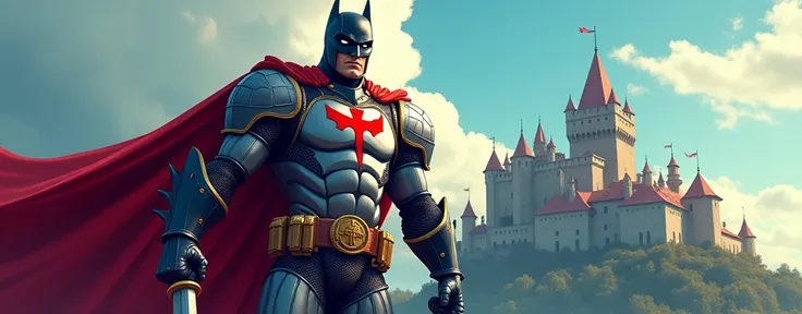 Create a batman Warrior in cartoon style, templar warrior, , templar cross, armor templar, clouds and castles in background 