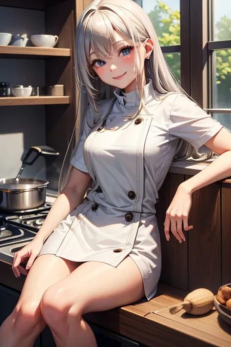  cooking 、Daily、solo,  Silver Hair, masterpiece,  anatomically correct,  high definition model sitting on stairs,  High Quality ,  very detailed,  1 girl、 cooking the month 、Mysterious、Im peeling the skin 、鍋で cooking 、smile, Long Hair, Blonde, 